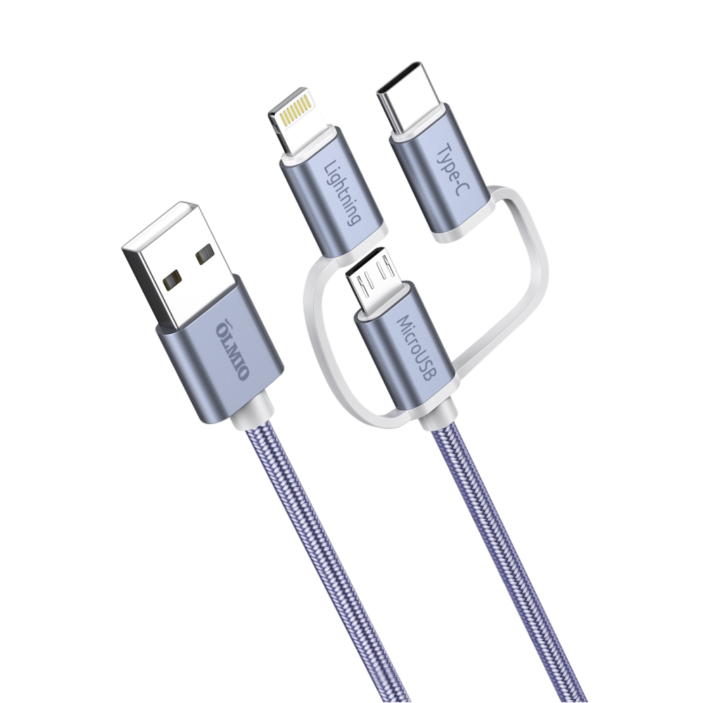 Кабель USB 2.0 3-в-1, microUSB/Lightning/typeC, текстил.оплетка, зарядка 1.2м OLMIO