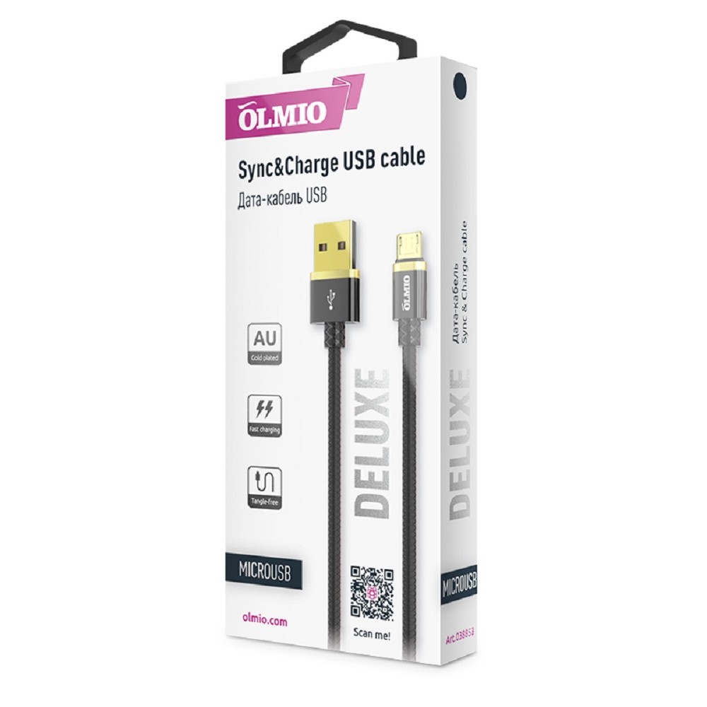 Кабель DELUXE, USB 2.0 - microUSB, 1м, 2,1А, черный, OLMIO