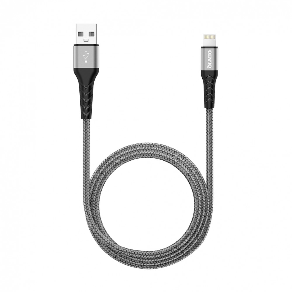 Кабель MFI STRONG USB 2.0-Lightning, 1,2м, серый, нейлоновая оплетка, усиленные штекеры, OLMIO