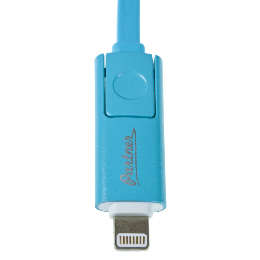 Кабель USB 2.0 - microUSB/Apple 8pin, 2-в-1, 1м, 2.1A, голубой, плоский, OLMIO